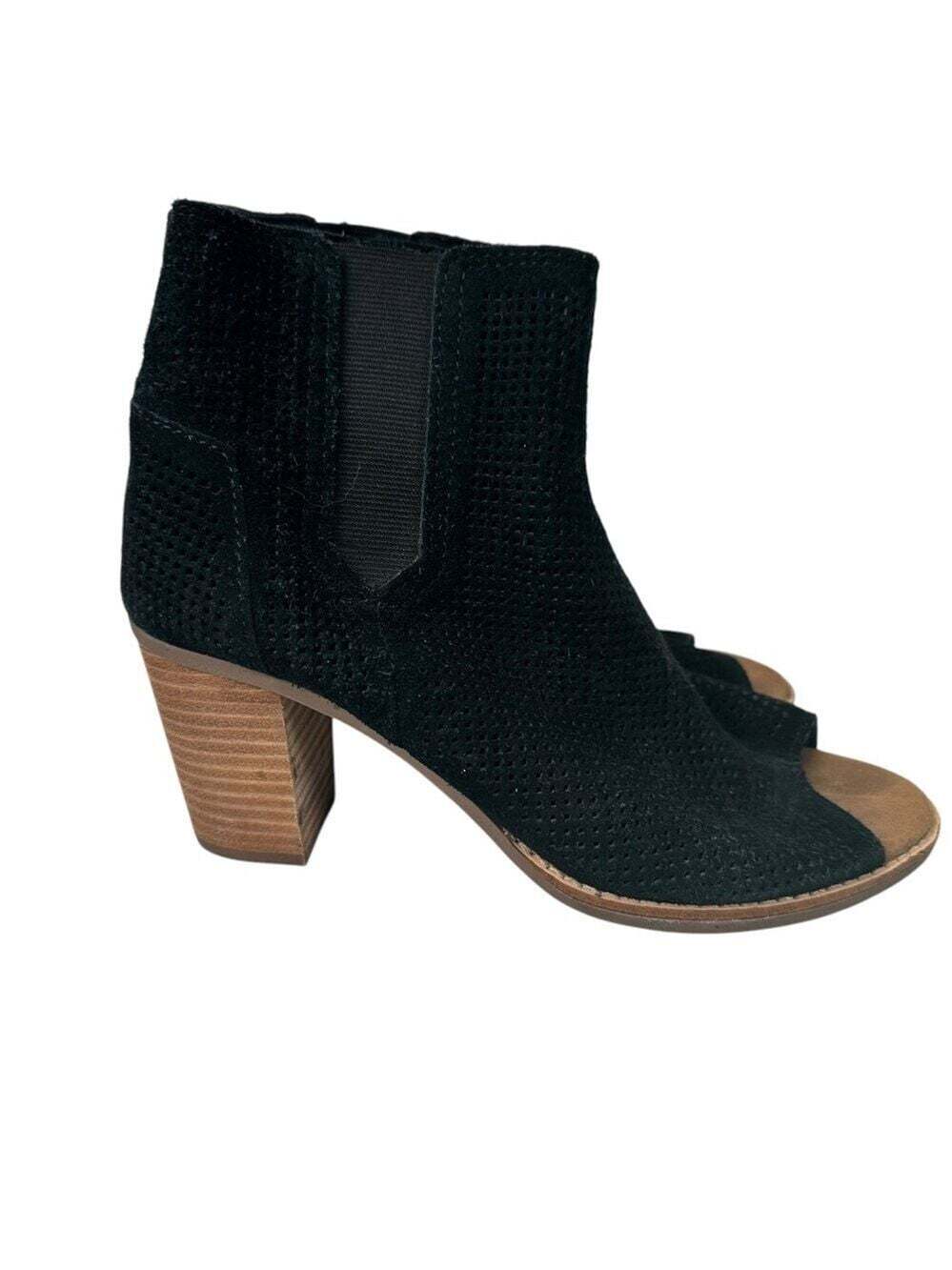 TOMS Majorca Black Suede Perforated Open Toe Booties Womens 7.5 Heels